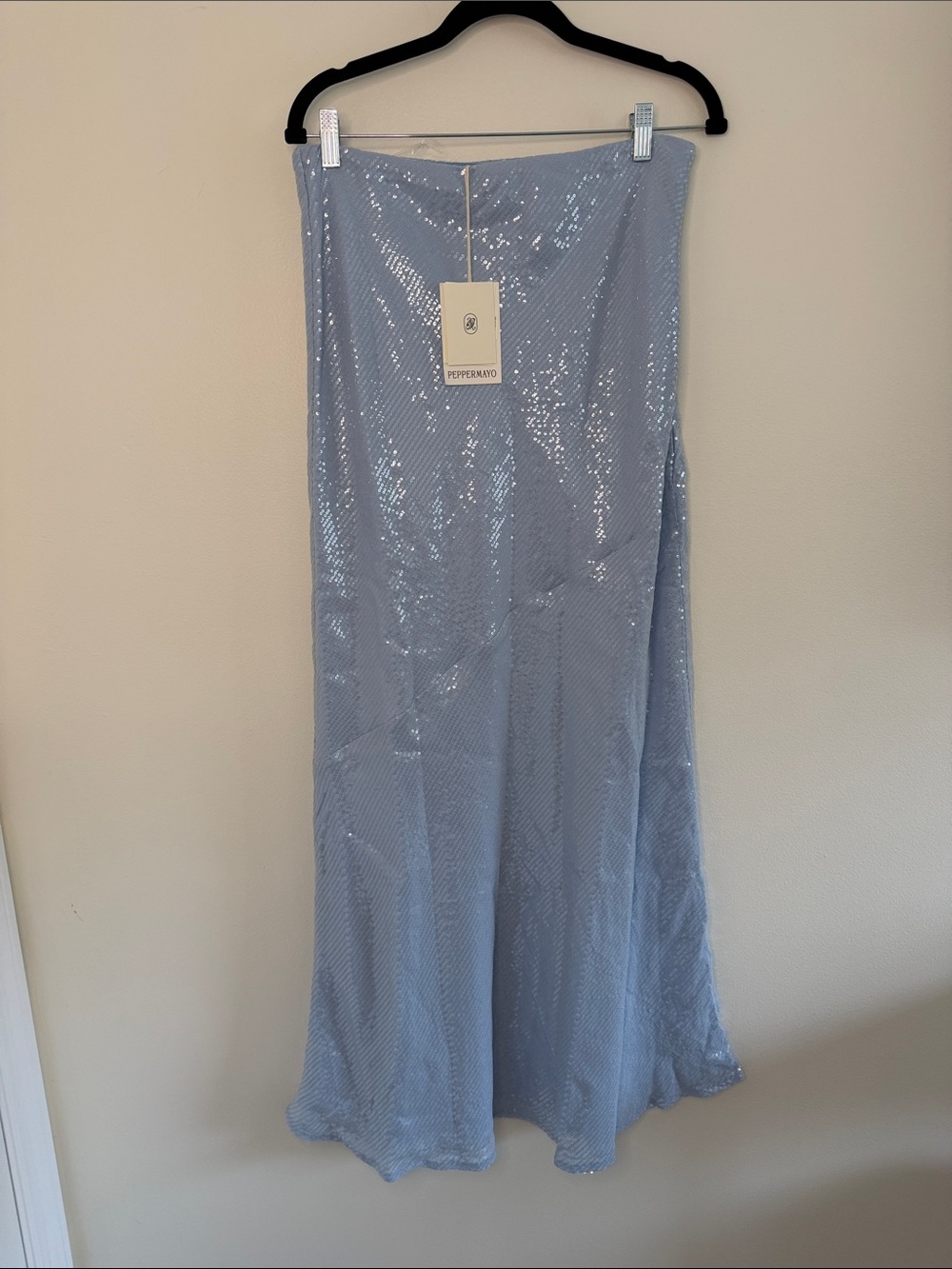 Peppermayo NWT Algorithm Sequin Maxi Skirt Light Blue Low Rise Party Size US 8